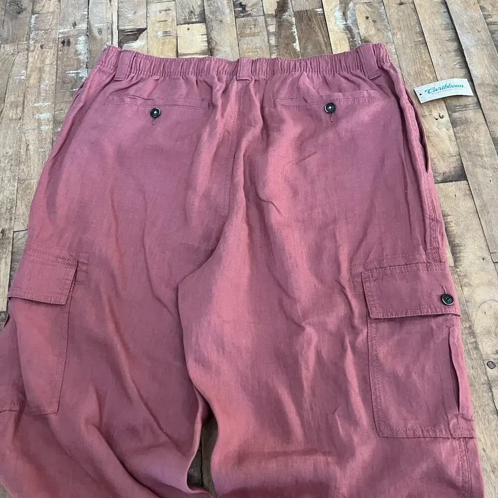 Caribbean Cargo Pants Men's 40x34 Mauve 100% Linen Adjustable Side Pockets NWT